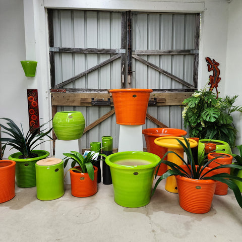 Plain Glaze display includes Italian Tubs & Bird Baths