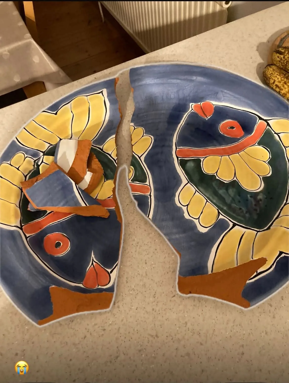 A decorated fish platter broken into pieces
