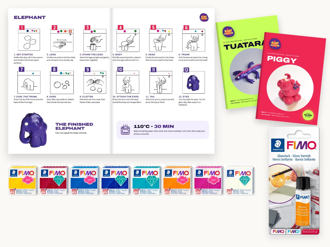 An open Elephant activity card with its twelve steps, the Tuatara and Piggy cards, seven blocks of FIMO and the gloss varnish