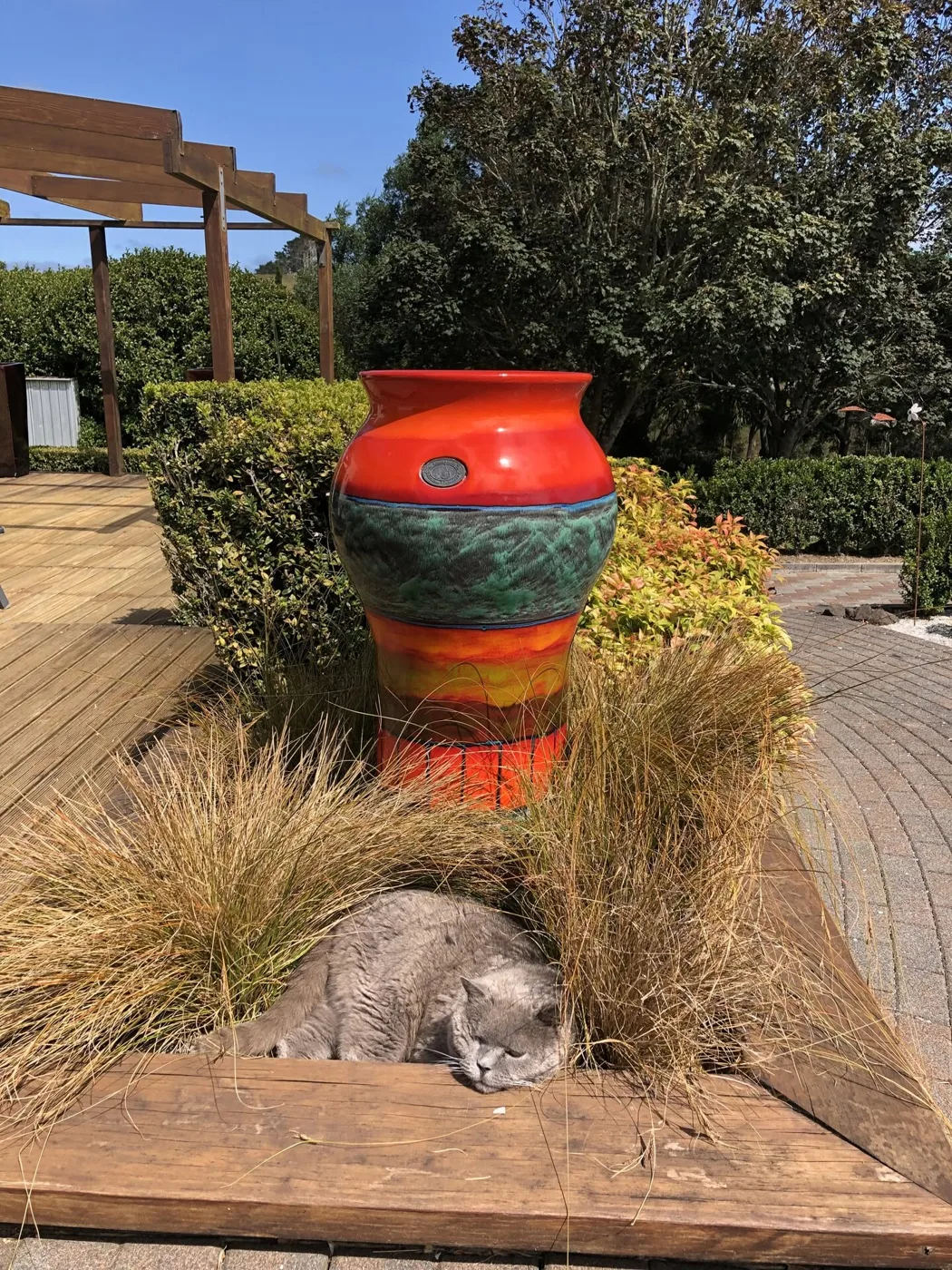 A tall red, green and orange decorated Morris & James pot in a garden bed, with a grey cat asleep in the grass