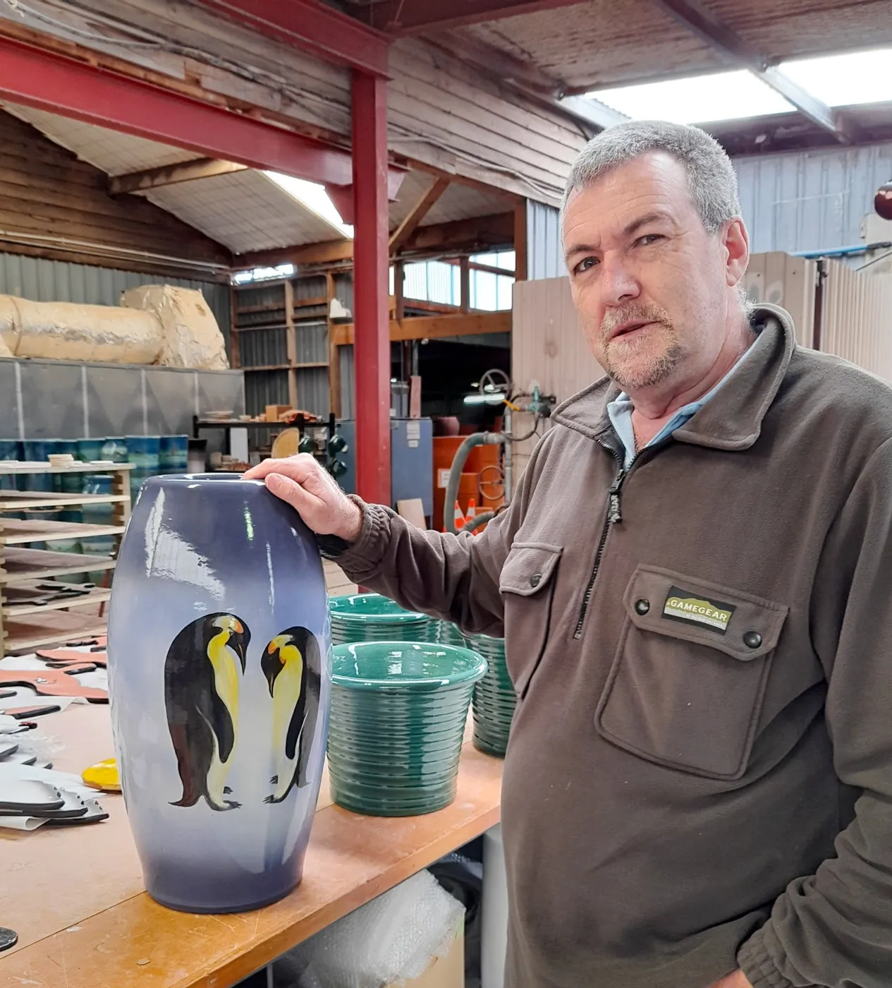 Morris & James staff together at the pottery