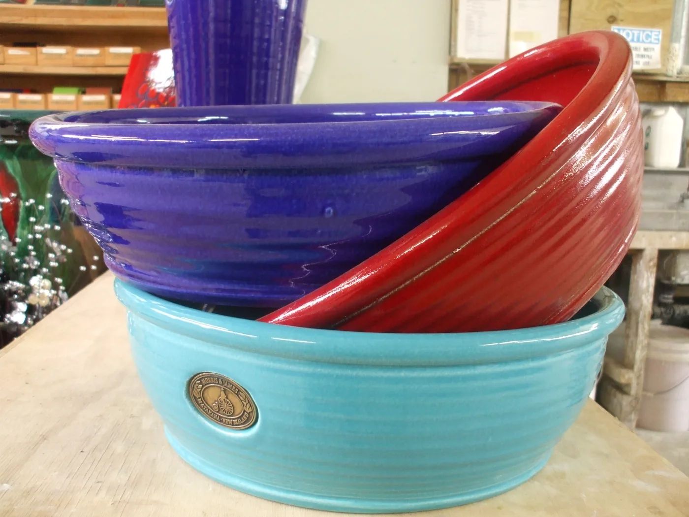 Bulb Dishes in cobalt blue, red and turquoise