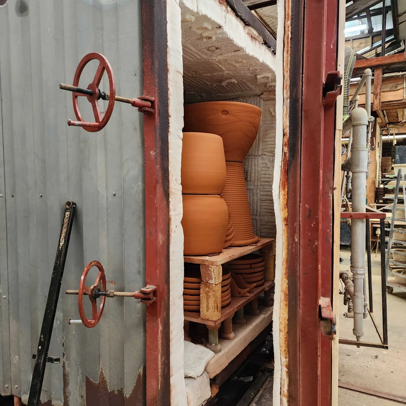 Terracotta pots loaded in the kiln