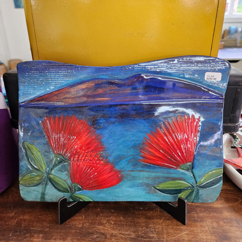 Hand decorated Pohutukawa coast tile, $250